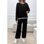 Colock Block Round Neck Drop Shoulder Loose Set: BLACK / L