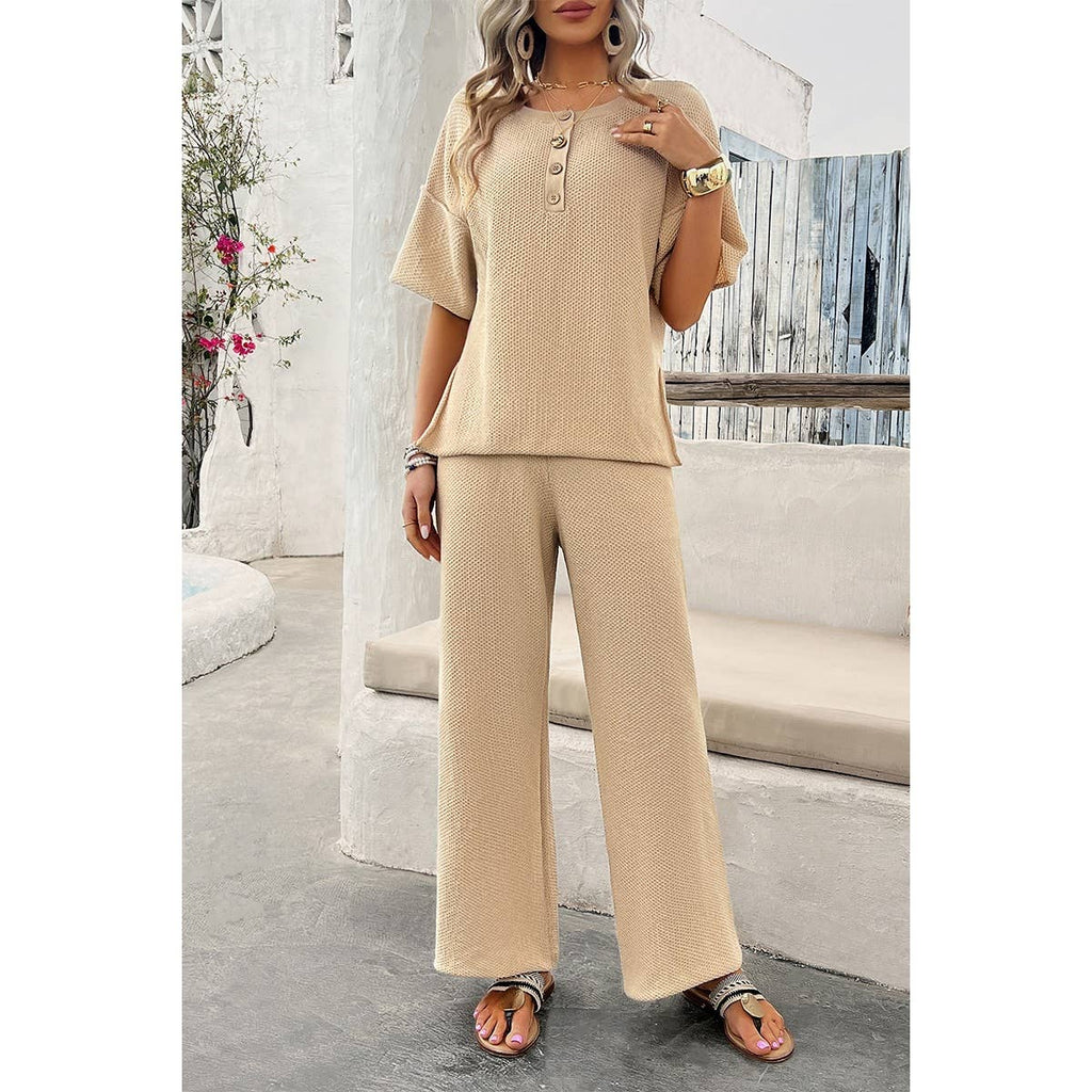 Two Pieces Outfits Knitted Crew Neck Button Set