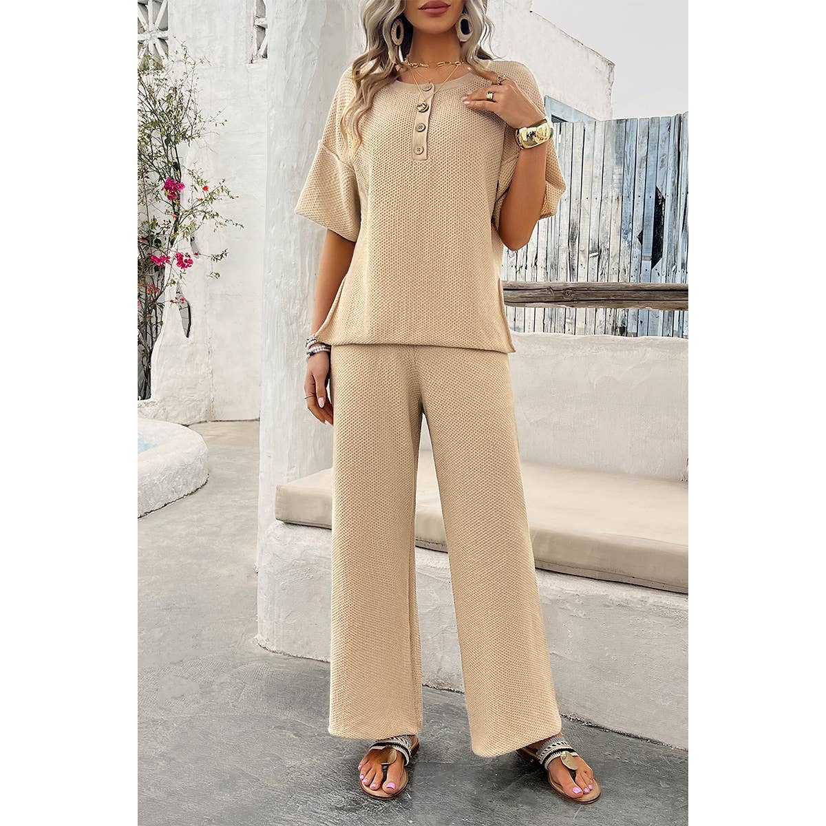 Two Pieces Outfits Knitted Crew Neck Button Set