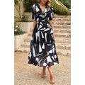 Bohemian V Neck Elastic Waisted Band Midi Dress