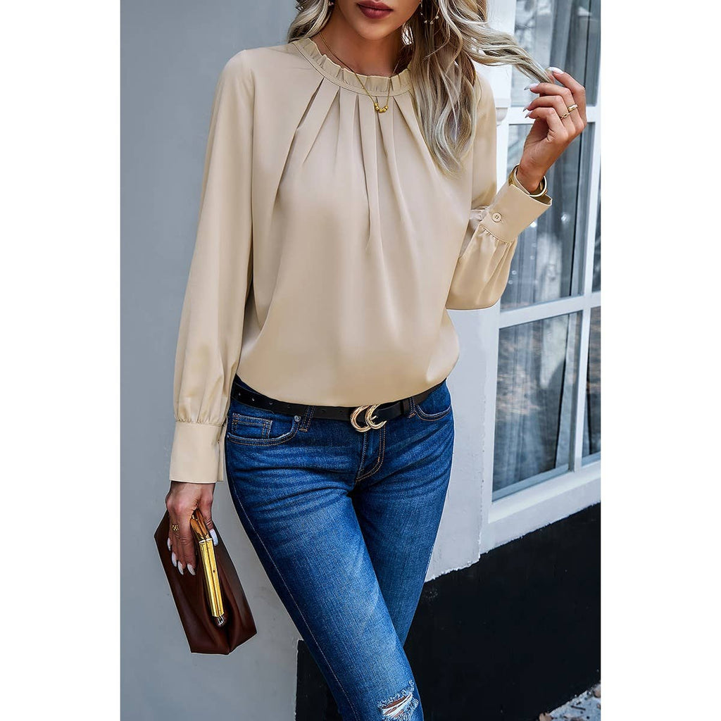 Ruffle Trim Long Sleeve Elegant Ruffles Crewneck Blouse