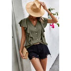 Solid Ruffle Trim Button Down Fit Blouse