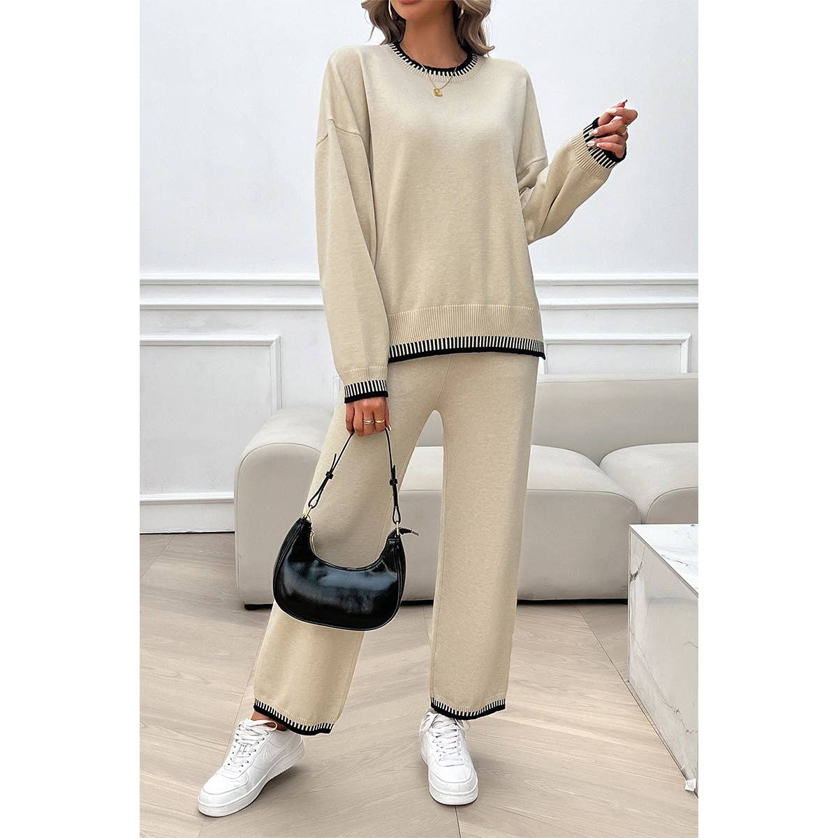 Colock Block Round Neck Drop Shoulder Loose Set: BEIGE / S