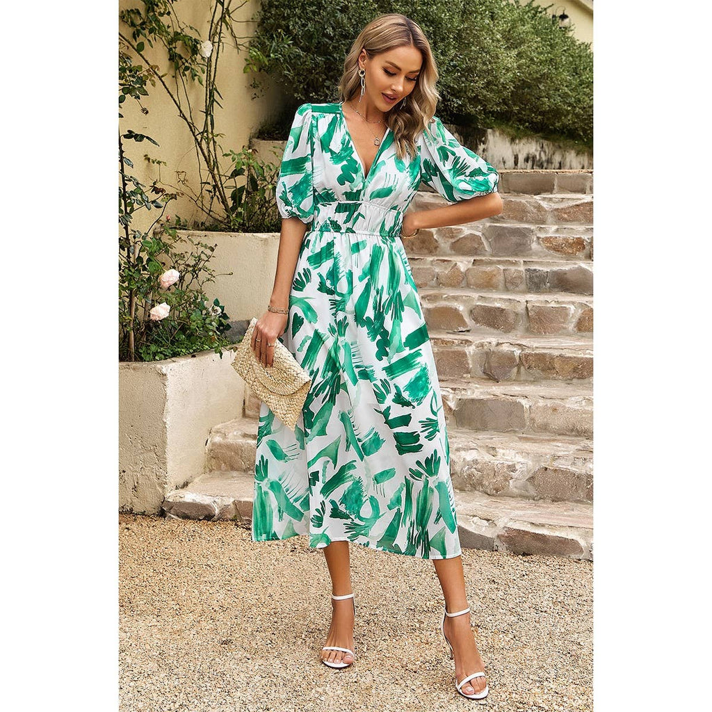 Bohemian V Neck Elastic Waisted Band Midi Dress