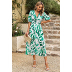 Bohemian V Neck Elastic Waisted Band Midi Dress