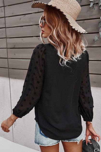 Solid V Neck Lantern Sleeve Swiss Dot Shirt: PINK / M
