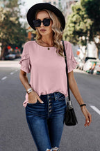 Solid Round Neck Ruffle Sleeve Loose Fit Blouse