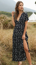 Elegant Floral Ruffle Deep V Neck Slit Dress