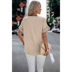 Solid Lace Trim Sleeve V Neck Fit Blouse: BEIGE / XL