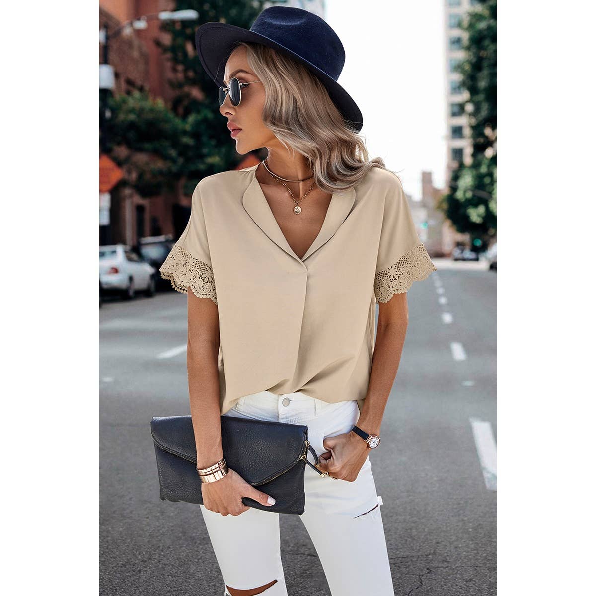 Solid Lace Trim Sleeve V Neck Fit Blouse: BEIGE / XL