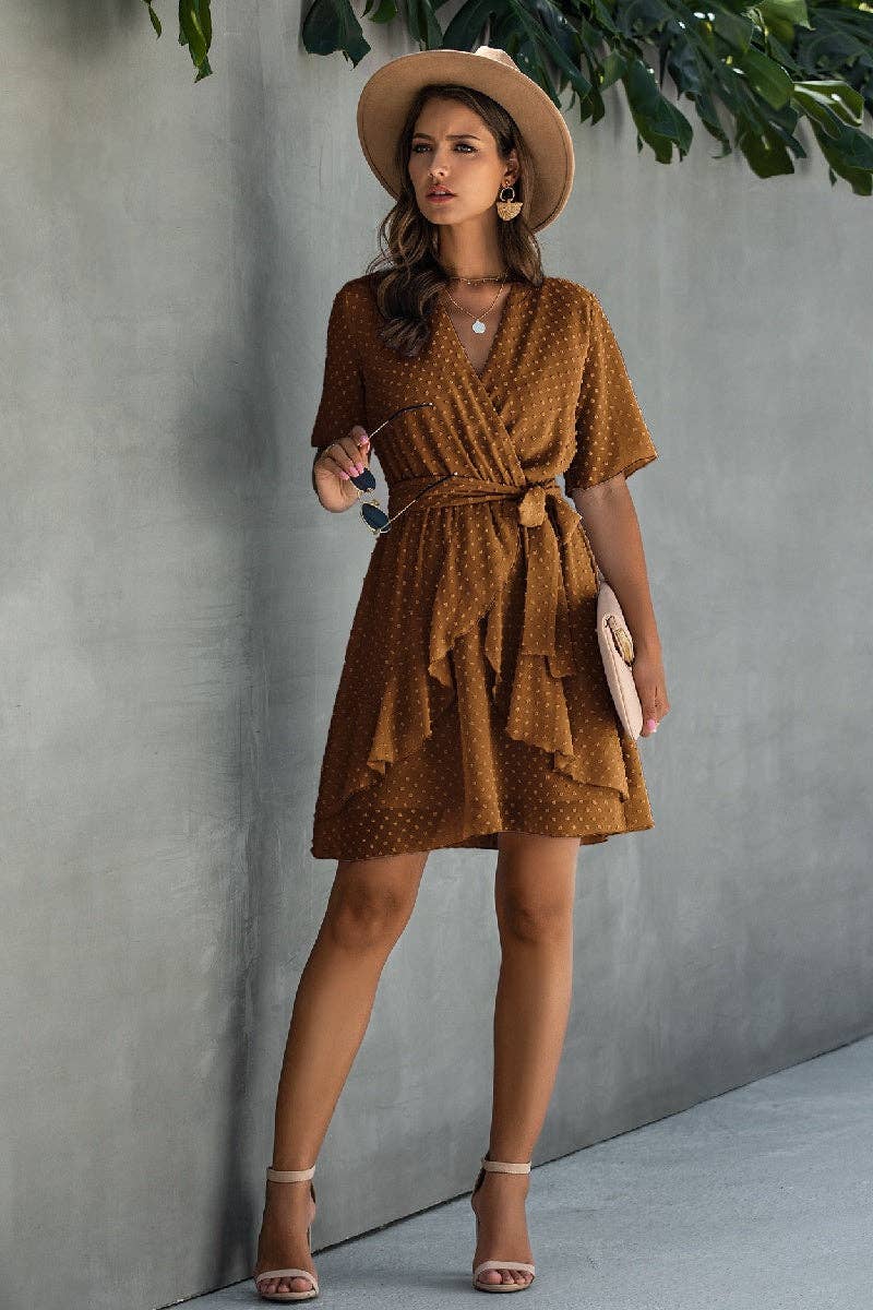 Aline V Neck Wrap High Waist Belt Ruffle Hem Dress