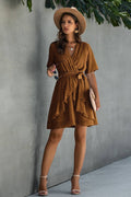 Aline V Neck Wrap High Waist Belt Ruffle Hem Dress