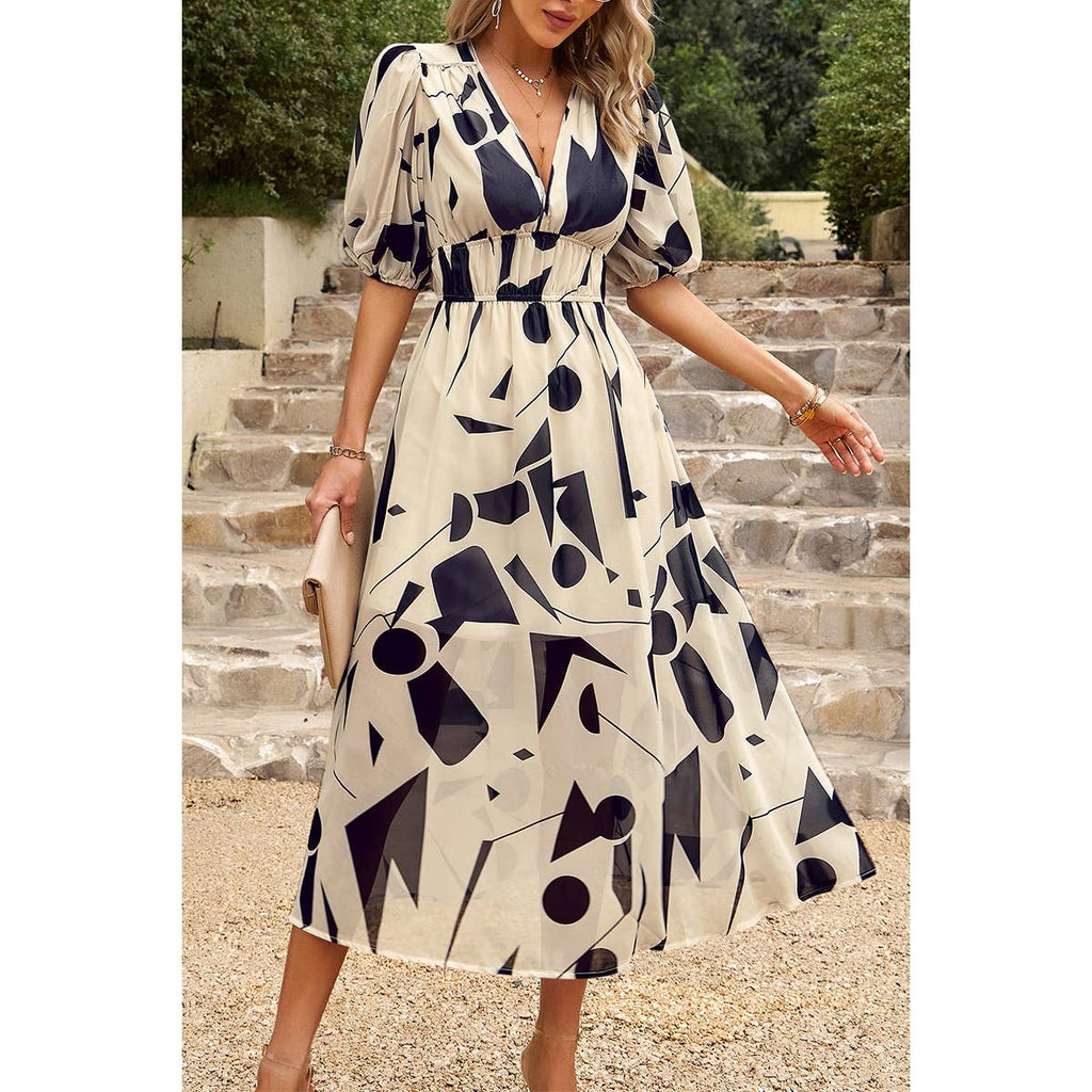 Bohemian V Neck Elastic Waisted Band Midi Dress