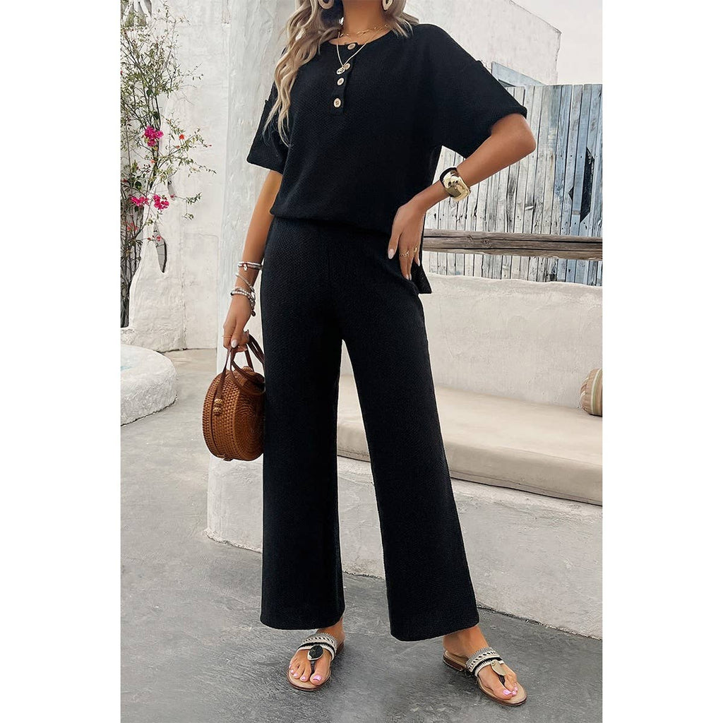 Two Pieces Outfits Knitted Crew Neck Button Set