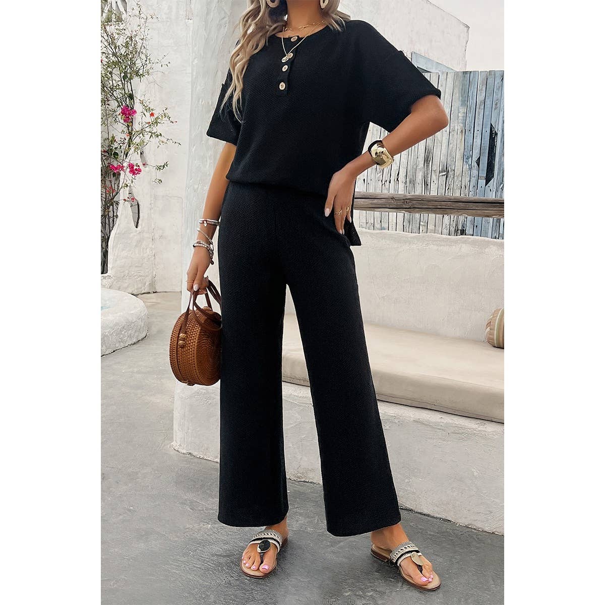 Two Pieces Outfits Knitted Crew Neck Button Set