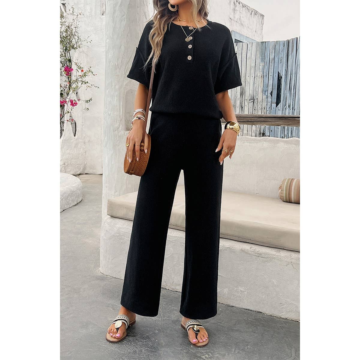 Two Pieces Outfits Knitted Crew Neck Button Set