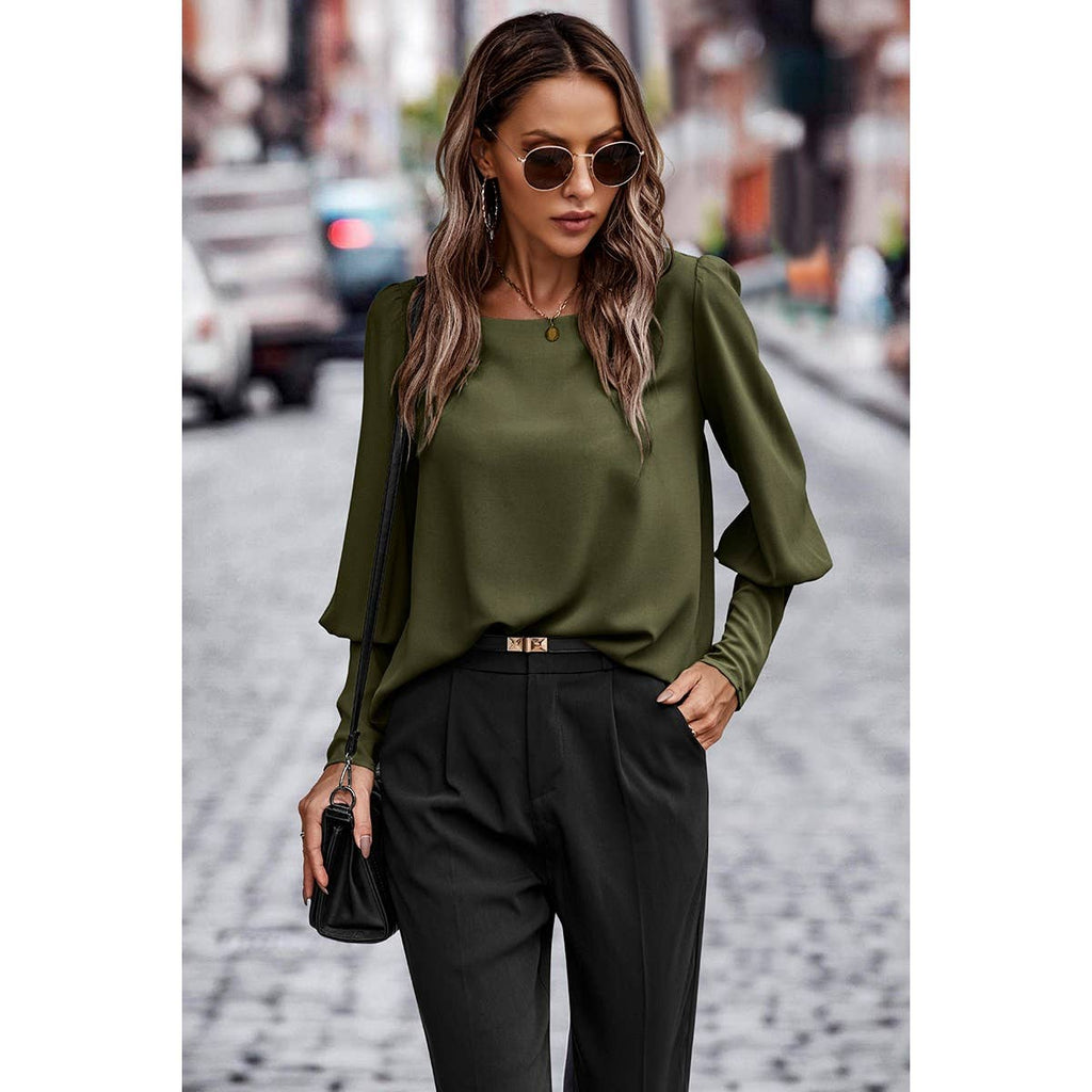 Crew Neck Solid Leg Of Mutton Sleeve Shirt