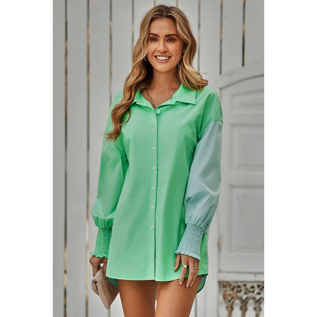 Color Block Button Down Cuffed Sleeves Blouse: GREEN / XL