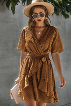Aline V Neck Wrap High Waist Belt Ruffle Hem Dress