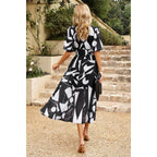 Bohemian V Neck Elastic Waisted Band Midi Dress