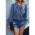 Ruffle Trim Long Sleeve Elegant Ruffles Crewneck Blouse