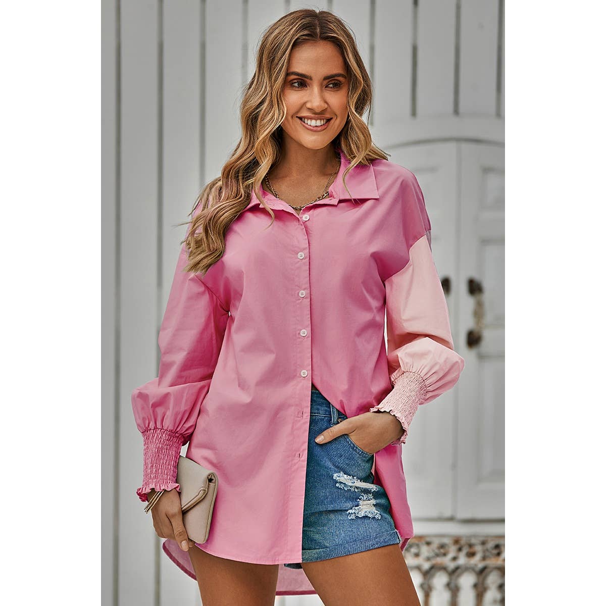 Color Block Button Down Cuffed Sleeves Blouse: BLUE / M