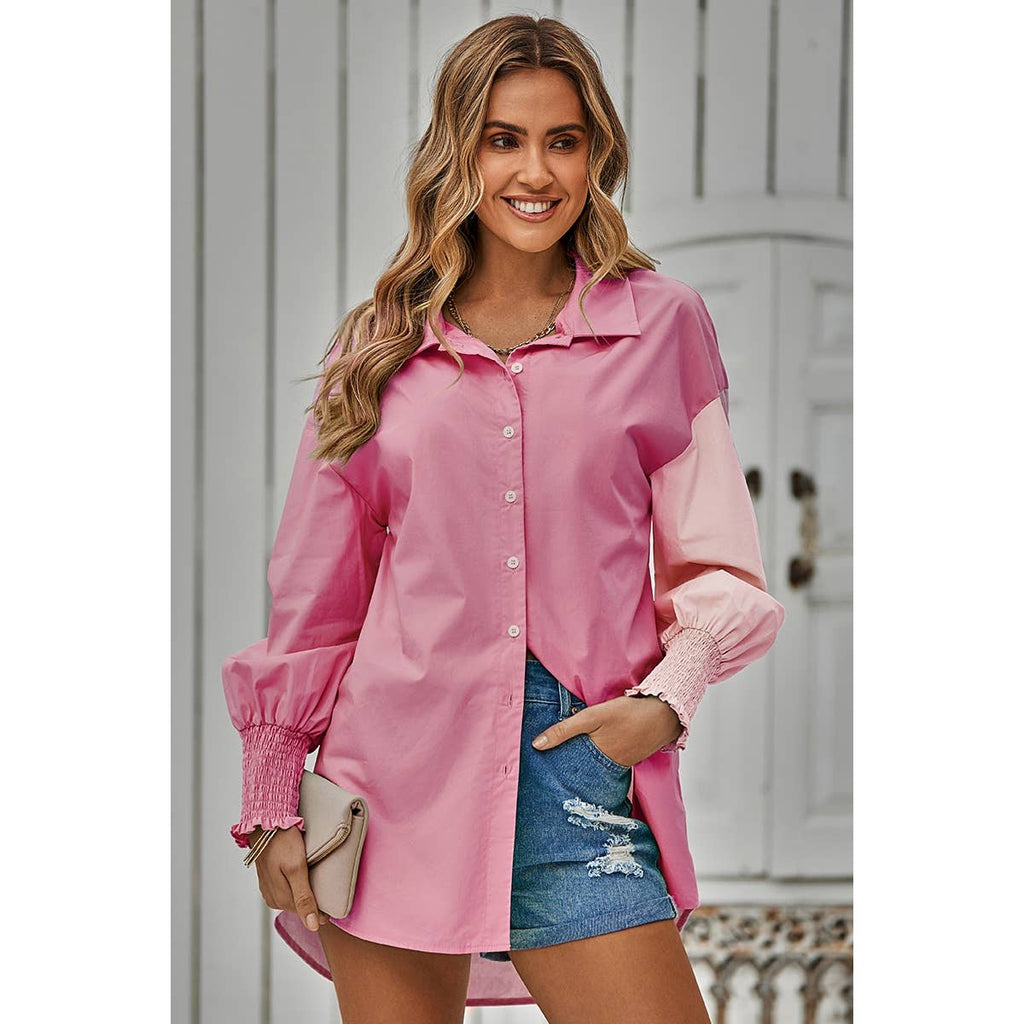 Color Block Button Down Cuffed Sleeves Blouse: GREEN / XL
