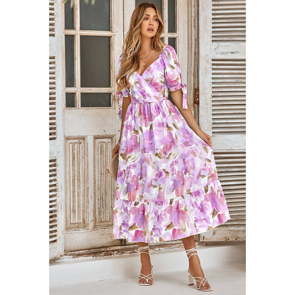 Floral Paint Short Sleeve Tie Cuff Surplice Neck Dress