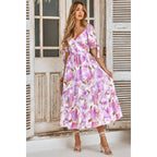 Floral Paint Short Sleeve Tie Cuff Surplice Neck Dress