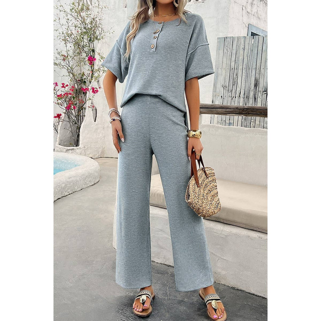 Two Pieces Outfits Knitted Crew Neck Button Set