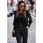 Crew Neck Solid Leg Of Mutton Sleeve Shirt
