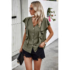 Solid Ruffle Trim Button Down Fit Blouse