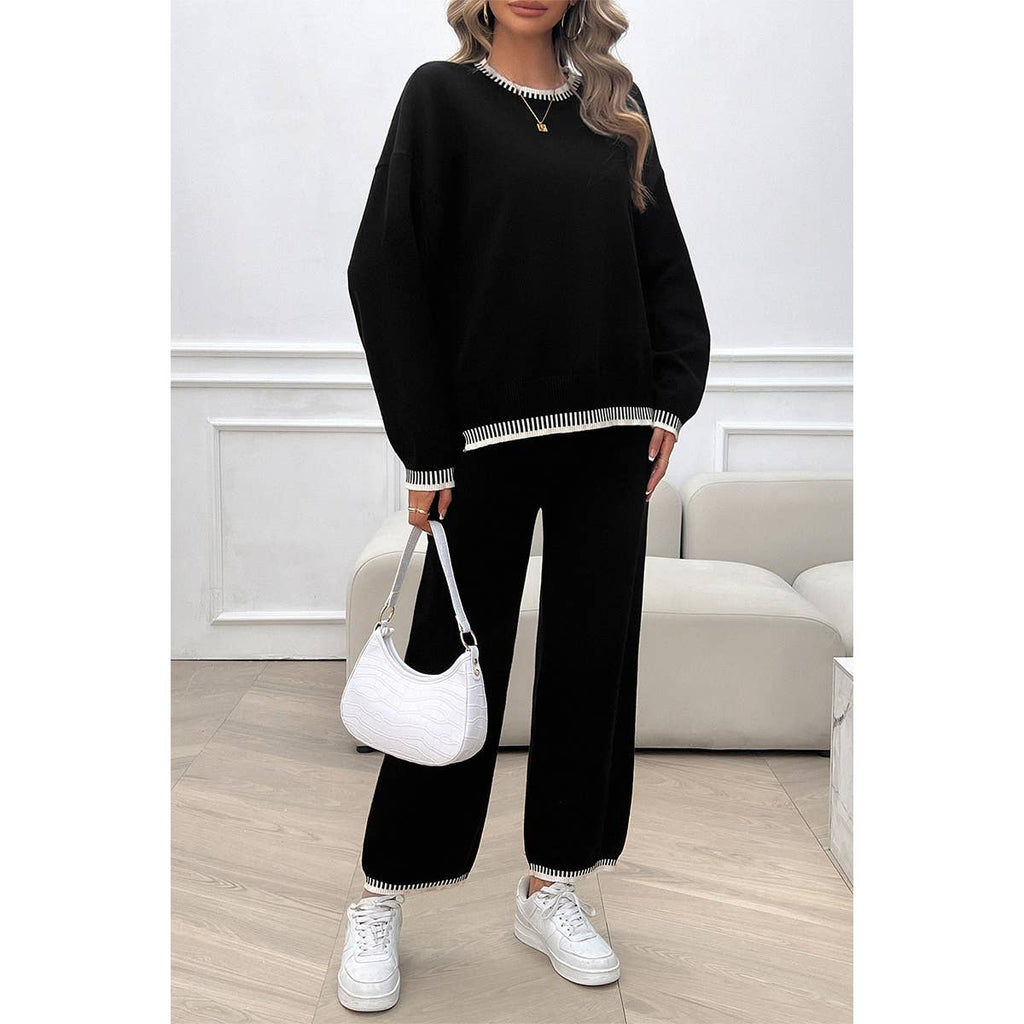 Colock Block Round Neck Drop Shoulder Loose Set: BLACK / M