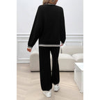 Colock Block Round Neck Drop Shoulder Loose Set: BLACK / S