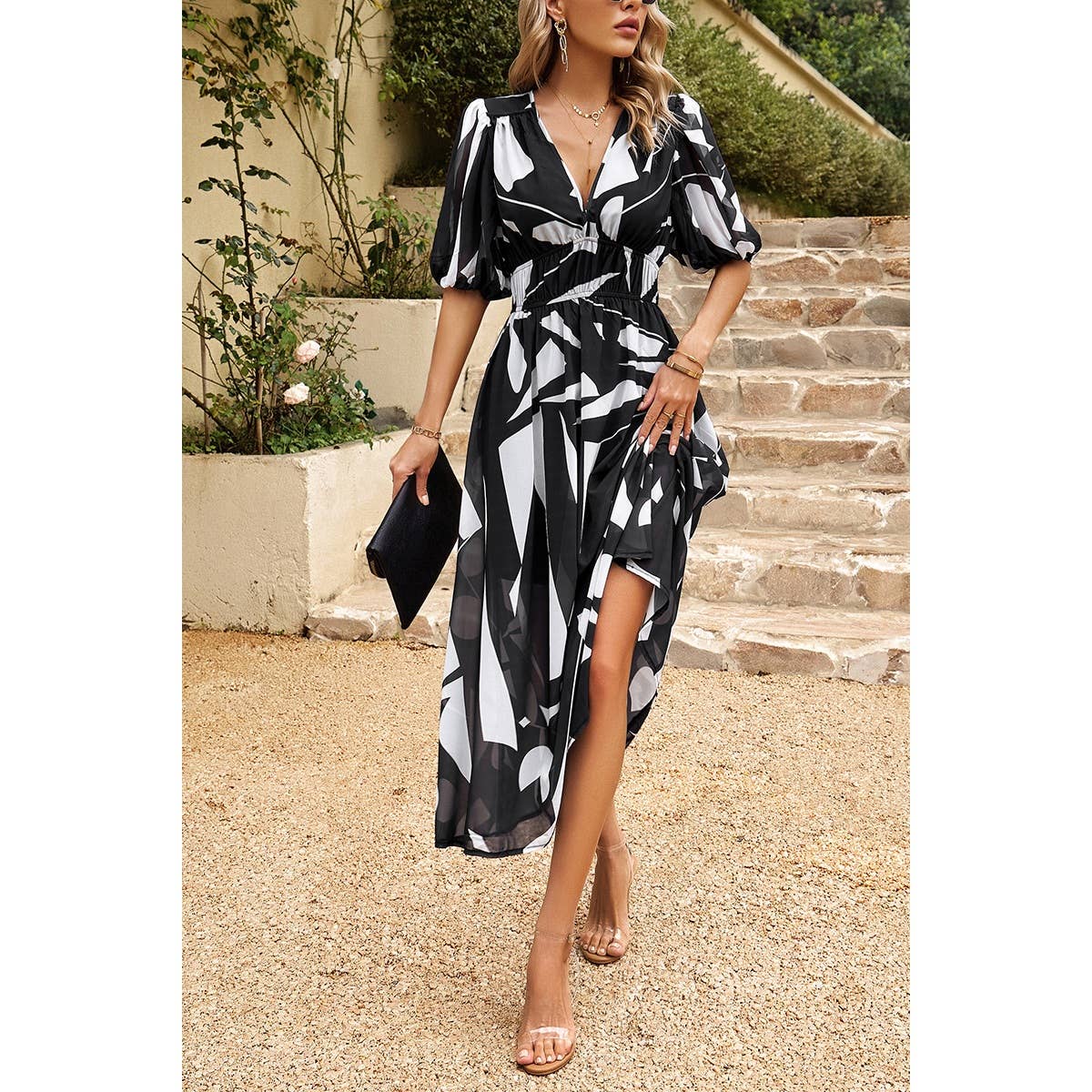 Bohemian V Neck Elastic Waisted Band Midi Dress