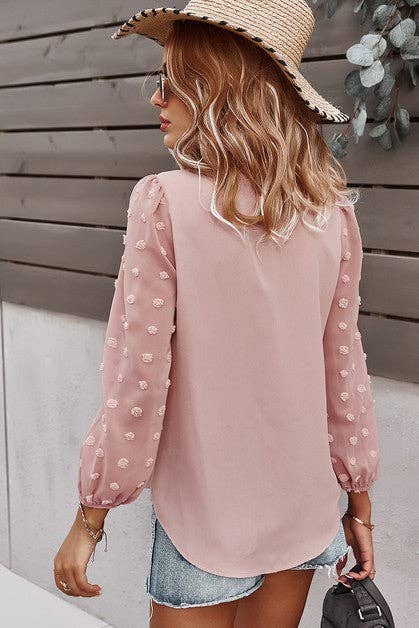 Solid V Neck Lantern Sleeve Swiss Dot Shirt: PINK / L