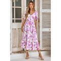 Floral Paint Short Sleeve Tie Cuff Surplice Neck Dress