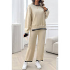 Colock Block Round Neck Drop Shoulder Loose Set: BEIGE / M