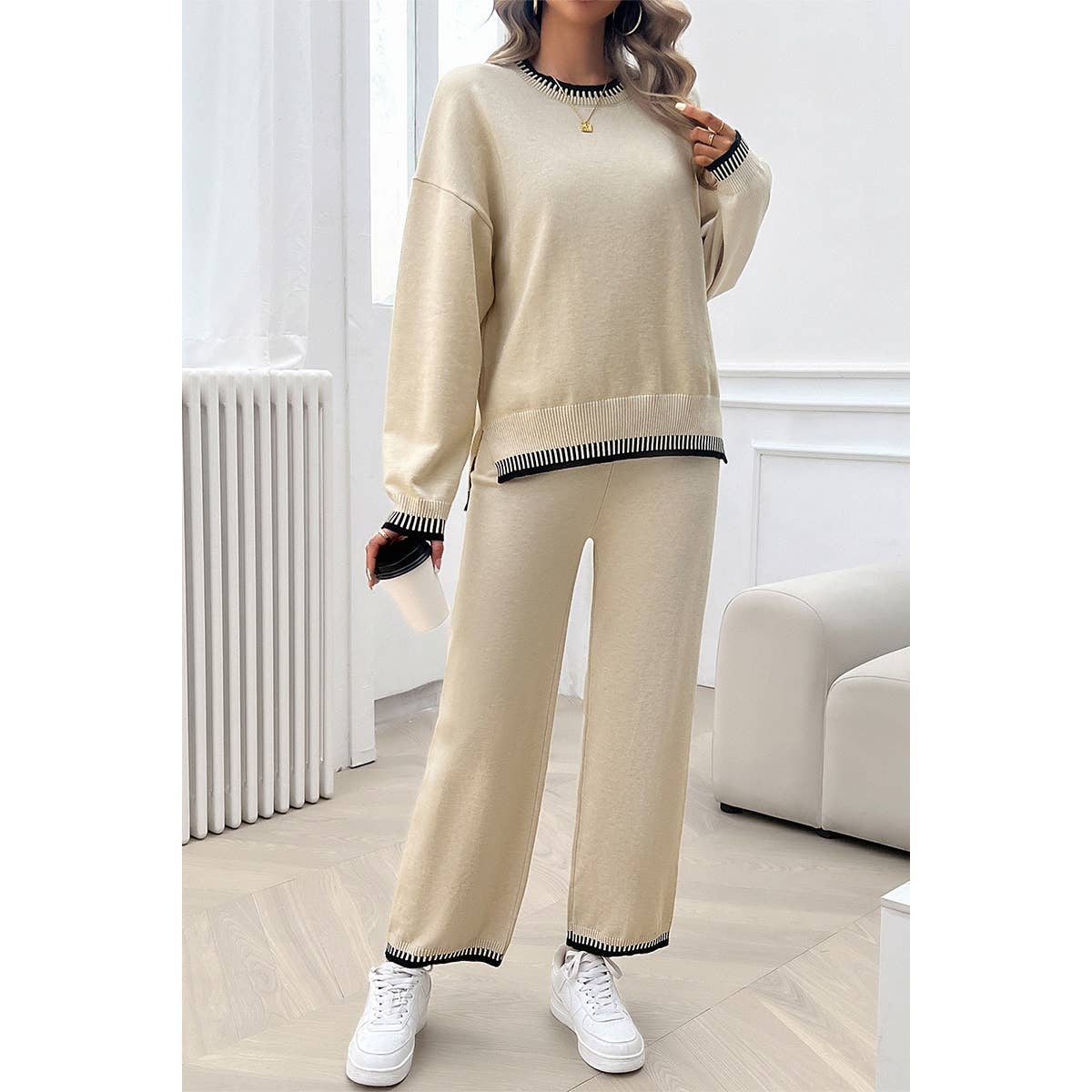 Colock Block Round Neck Drop Shoulder Loose Set: BEIGE / M