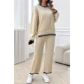 Colock Block Round Neck Drop Shoulder Loose Set: BEIGE / L