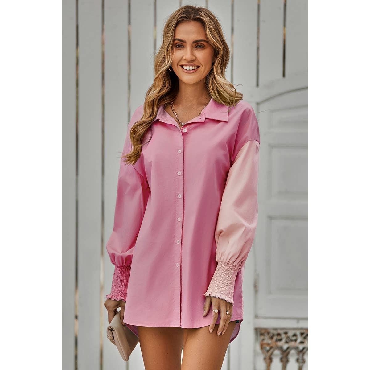 Color Block Button Down Cuffed Sleeves Blouse: PINK / S