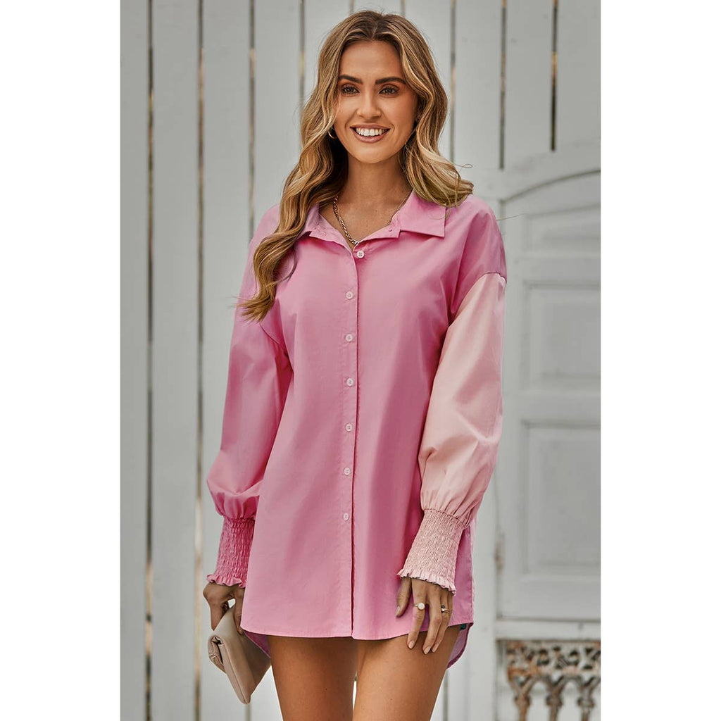 Color Block Button Down Cuffed Sleeves Blouse: BLUE / XL