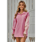 Color Block Button Down Cuffed Sleeves Blouse: BLUE / XL