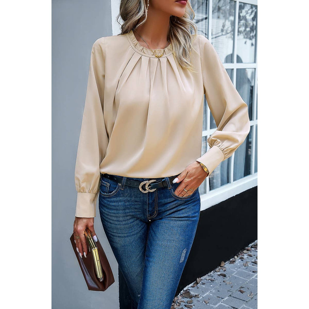 Ruffle Trim Long Sleeve Elegant Ruffles Crewneck Blouse