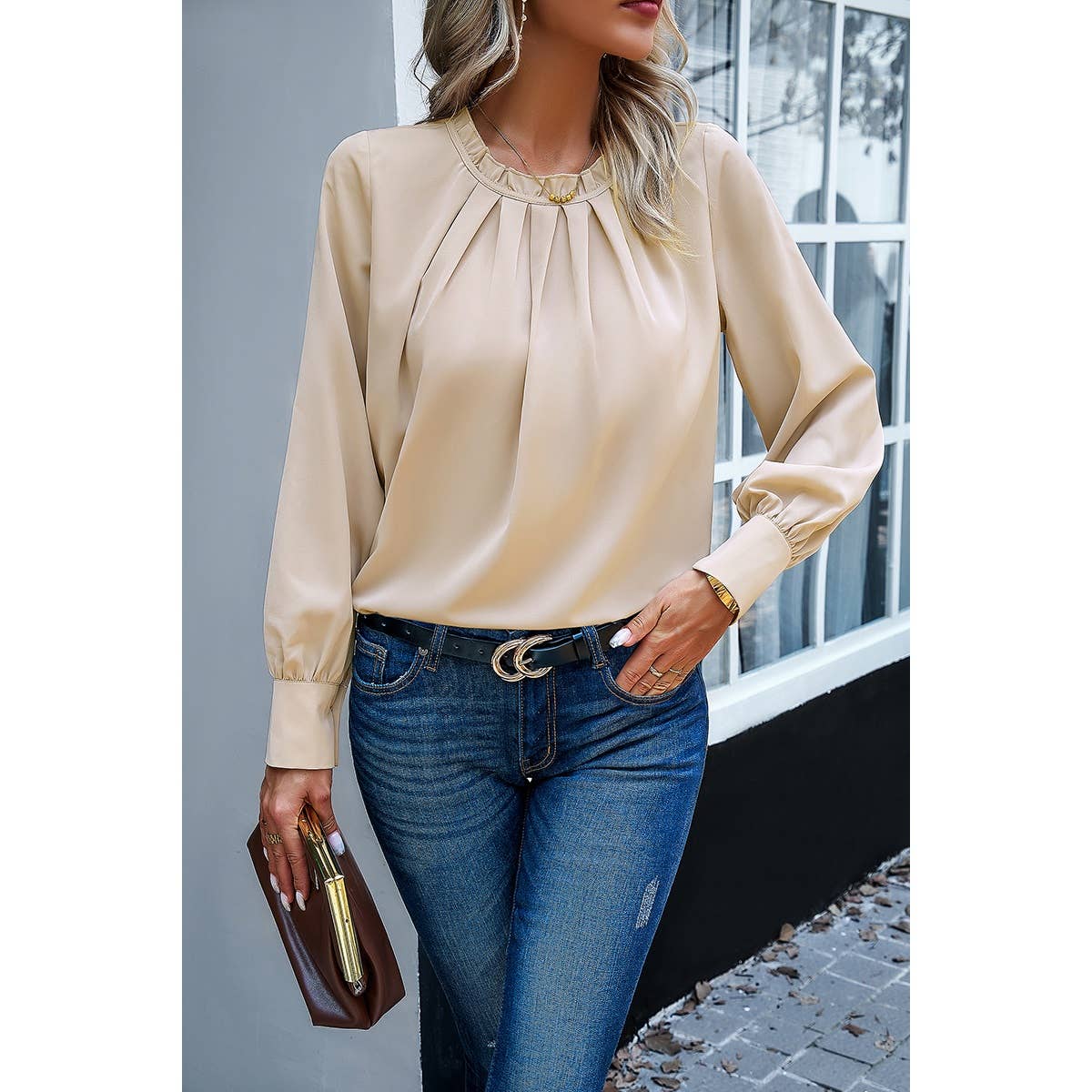 Ruffle Trim Long Sleeve Elegant Ruffles Crewneck Blouse