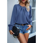 Ruffle Trim Long Sleeve Elegant Ruffles Crewneck Blouse
