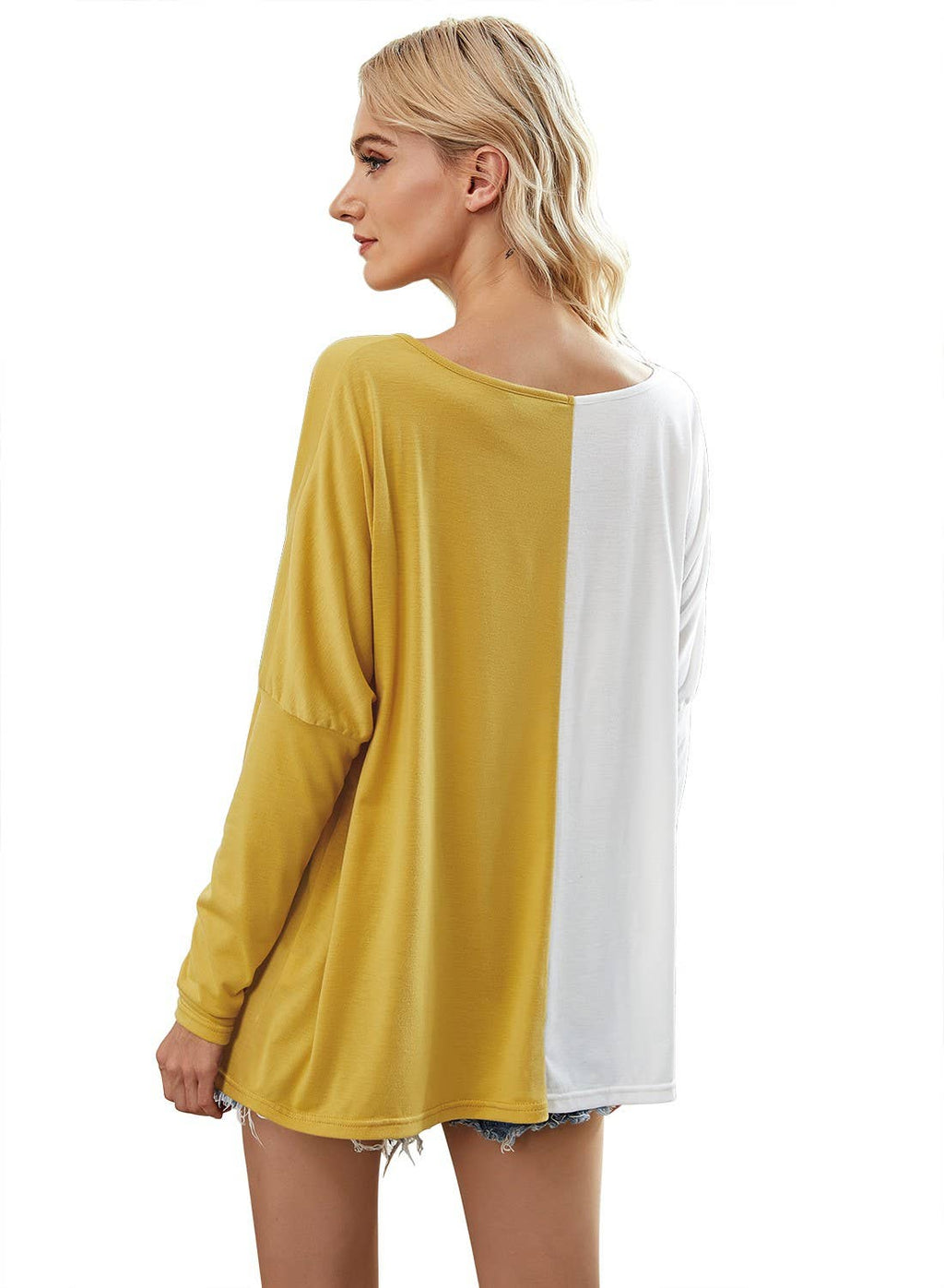 V Neck Color Block Drop Shoulder Shirt: YELLOW WHITE / S