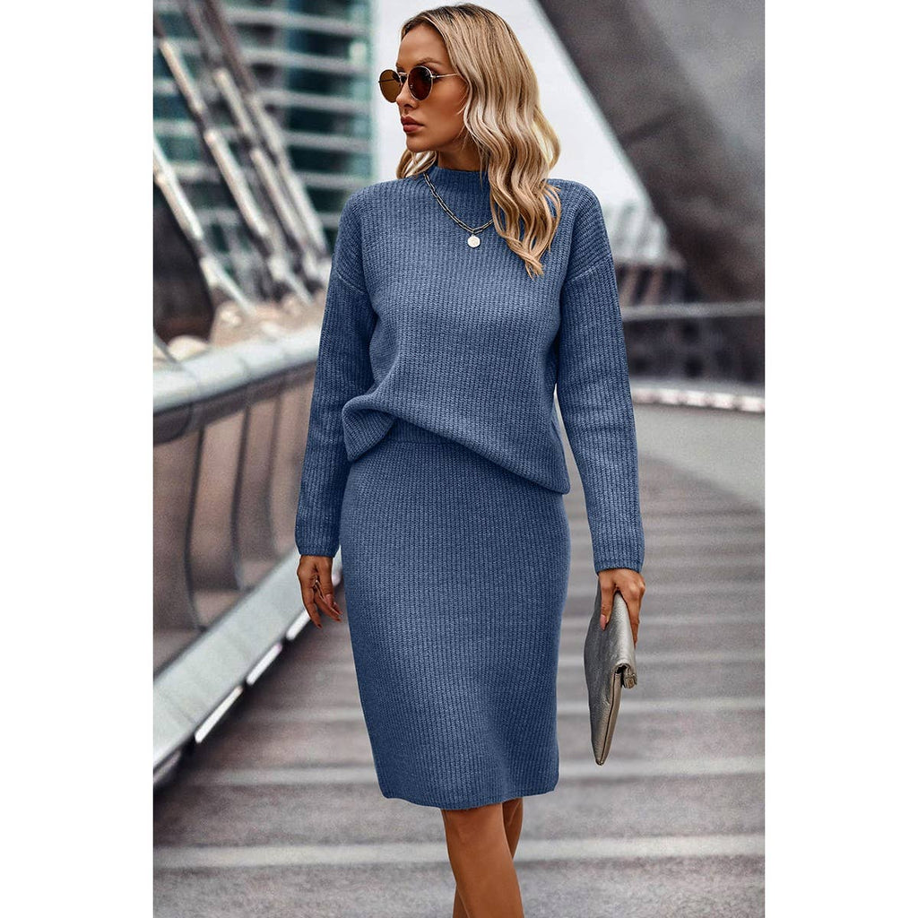 Two Pieces Turtleneck Drop Shoulder Skirt Sets