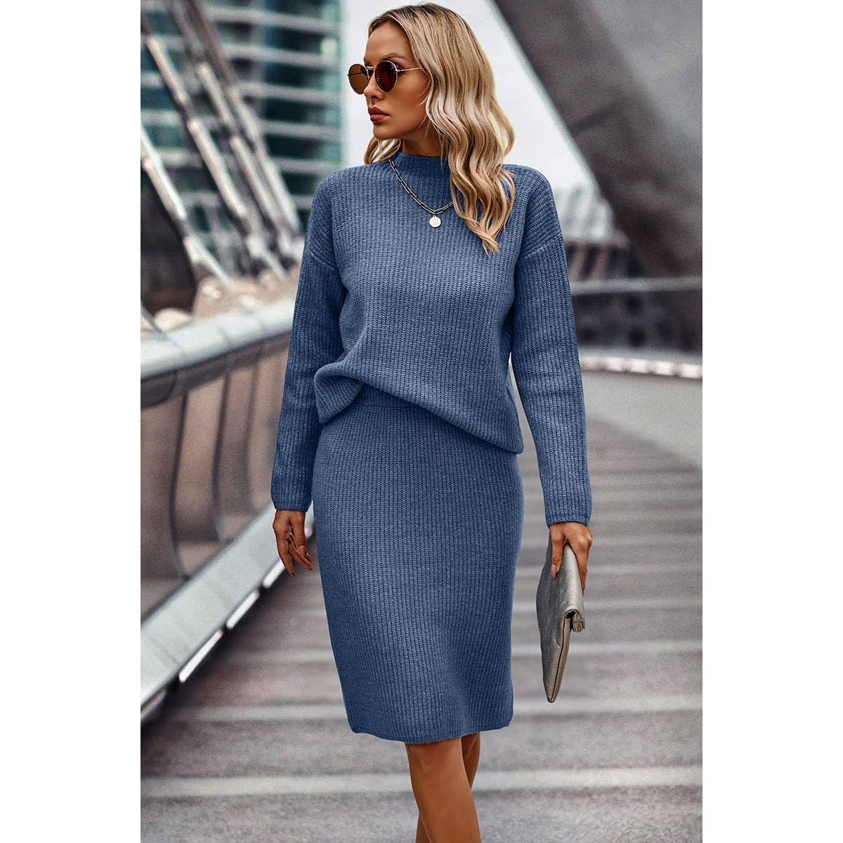 Two Pieces Turtleneck Drop Shoulder Skirt Sets