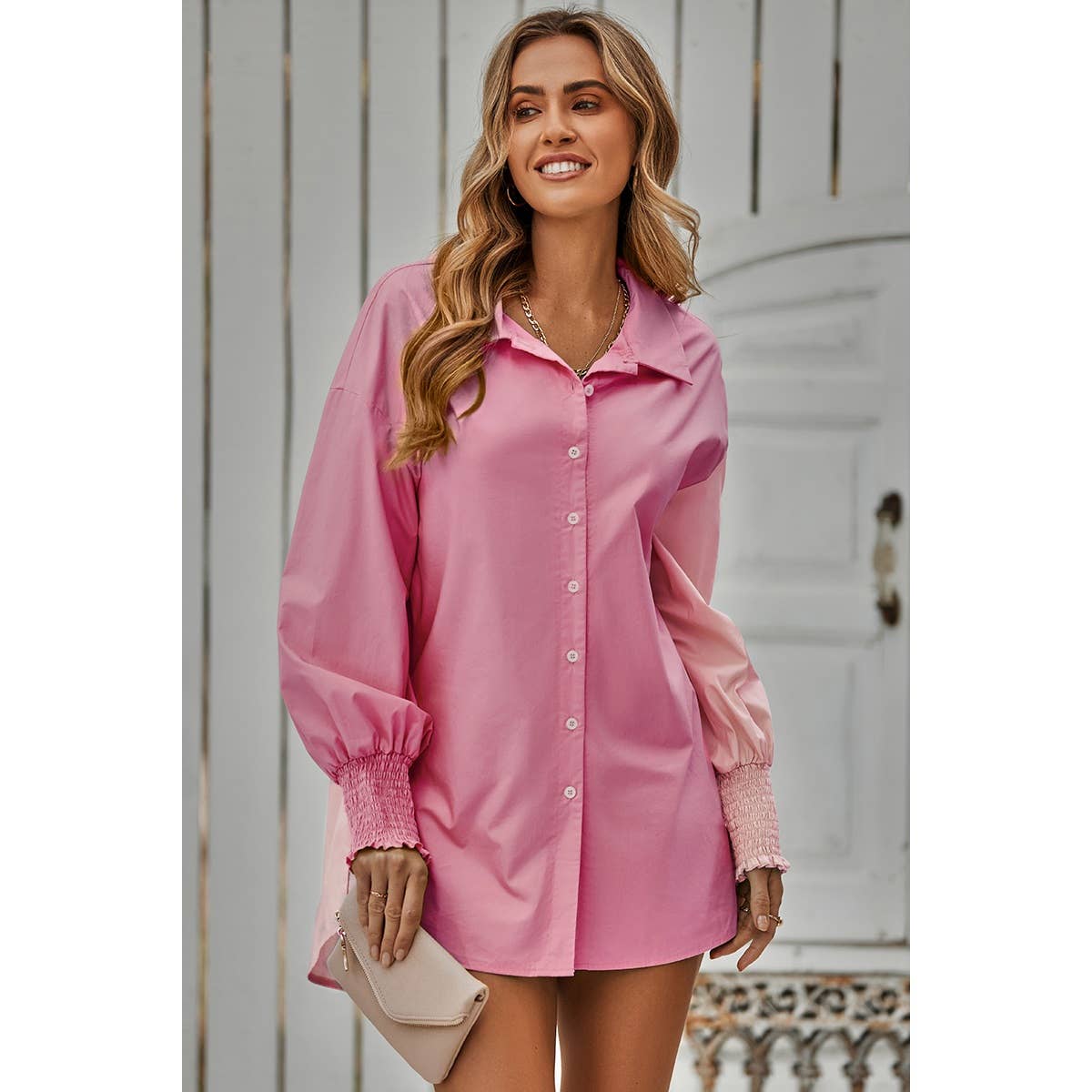 Color Block Button Down Cuffed Sleeves Blouse: BLUE / M